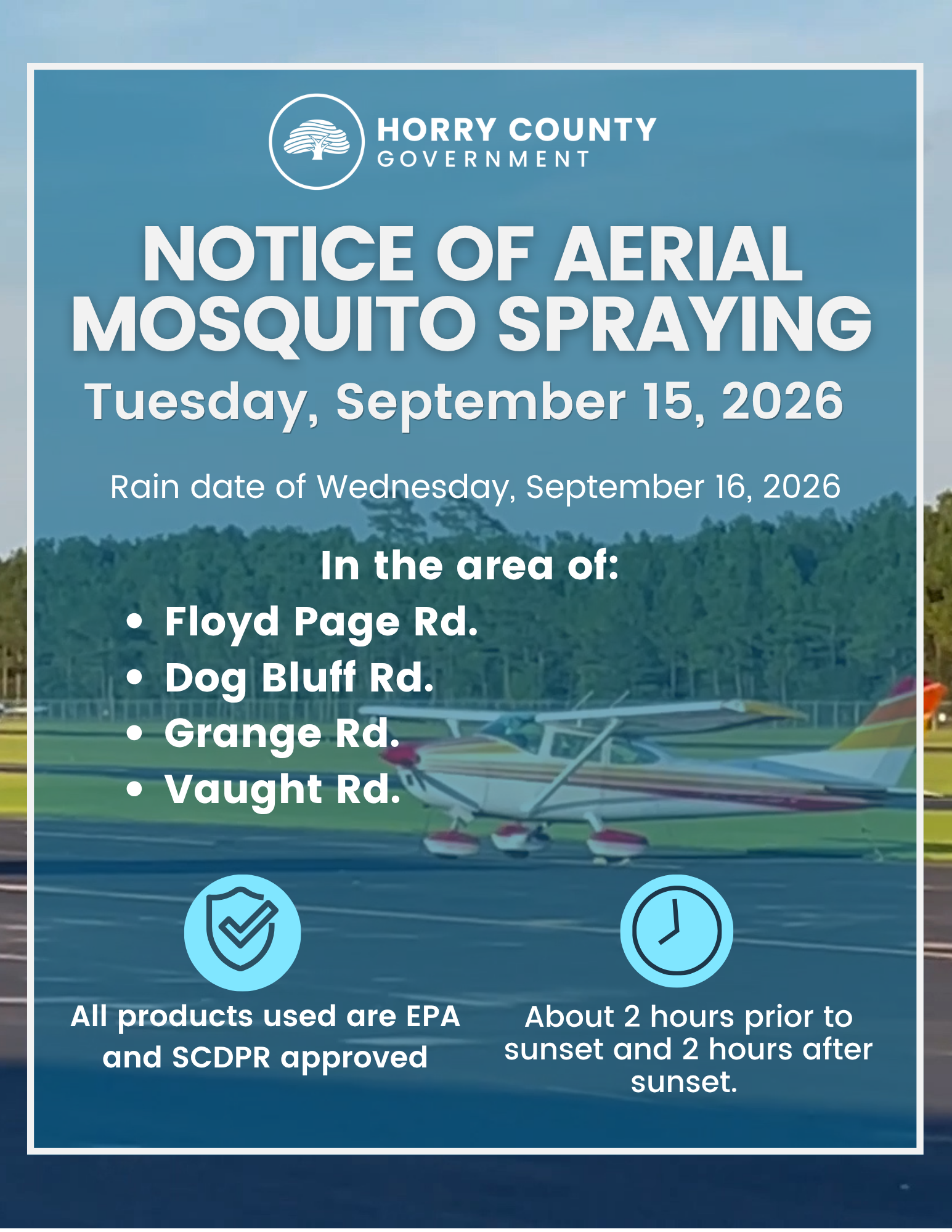 A notice for aerial mosquito spraying on Tuesday, September 15, 2026.