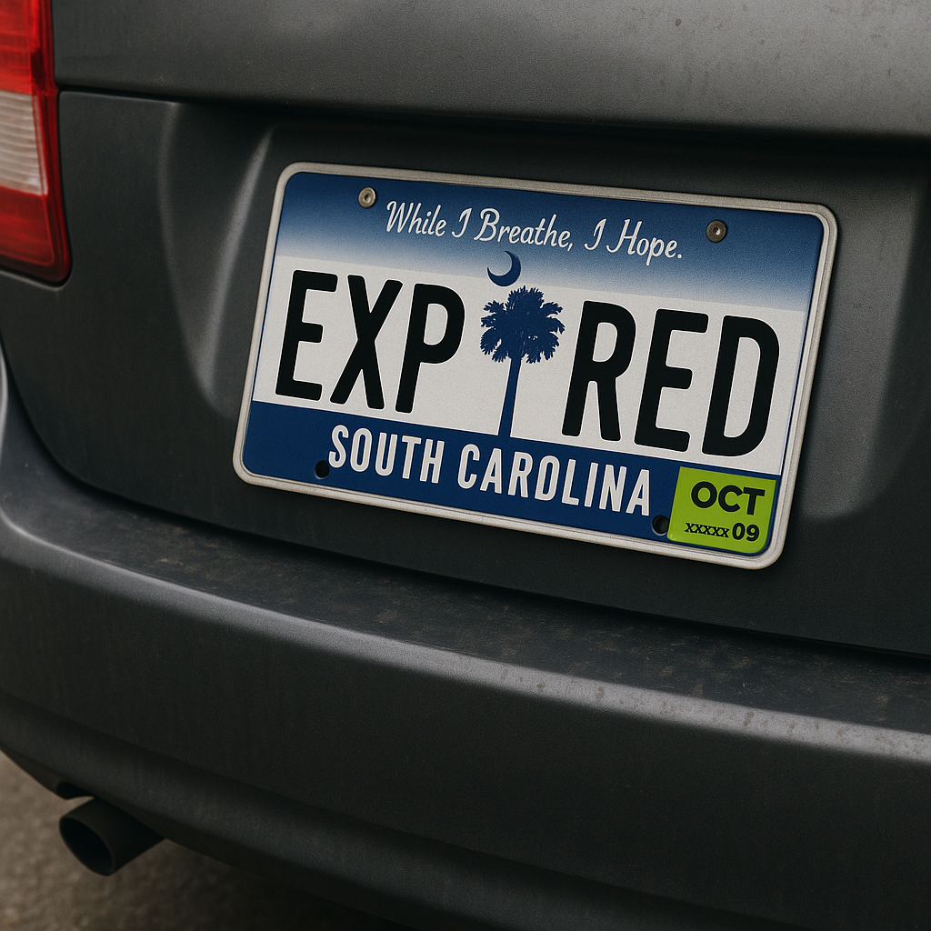 Image of a license plate reading expired with the palm tree standing in for the I